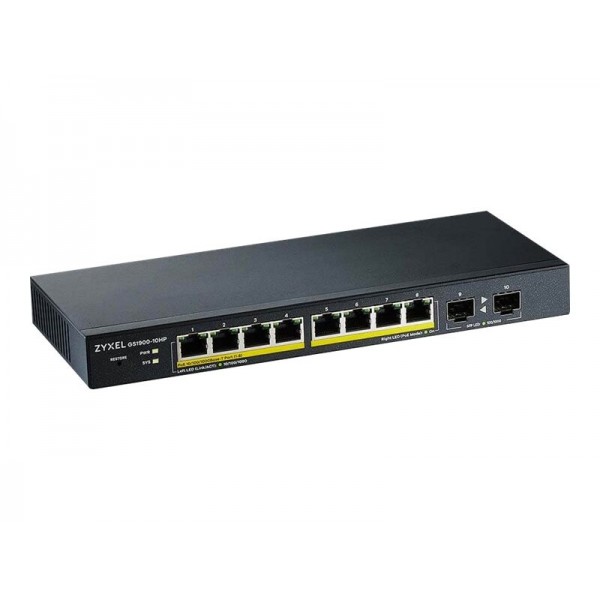 ZYXEL GS1900-10HP v2 8-portni GbE L2 PoE Smart switch (omrežni preklopnik) z 2 SFP režama, 802.3at, namizna brezventilatorska izvedba, 70 W