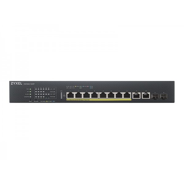 ZYXEL XS1930-12HP 8-portni večgigabitni pametno upravljan PoE switch (omrežni preklopnik) z močjo 375 W, podpora 802.3BT, 2 x 10GbE in 2 x SFP+ uplink.
